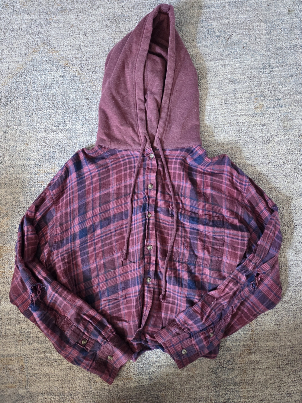 Junior's Hooded Crop Button-Up Shirt Jacket - Burgundy